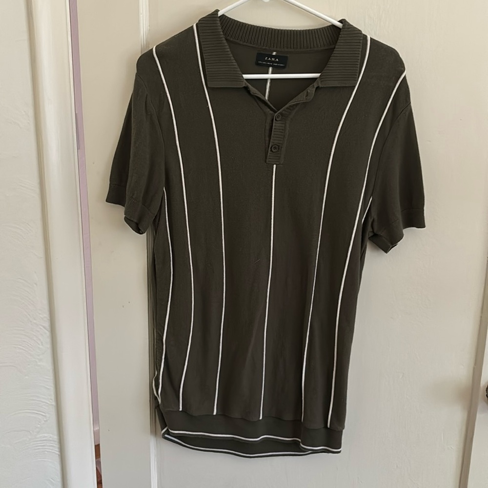 Zara Men’s Medium Green Knit Polo White Stripes